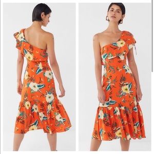 UO Carmen Orange Floral Linen One-Shoulder Ruffle Midi Dress